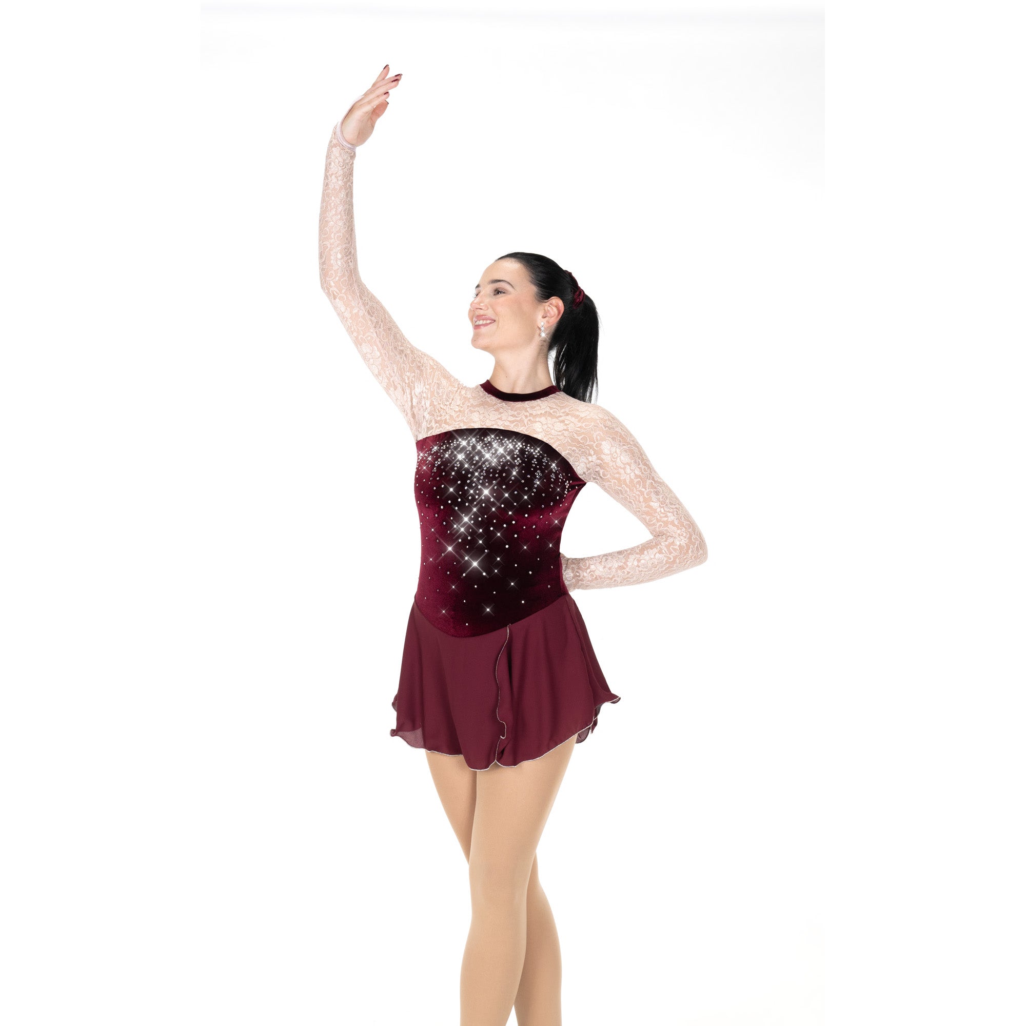 Aurora Ice Lavishly Lacy Beaded Skating Dress - Rich Wine